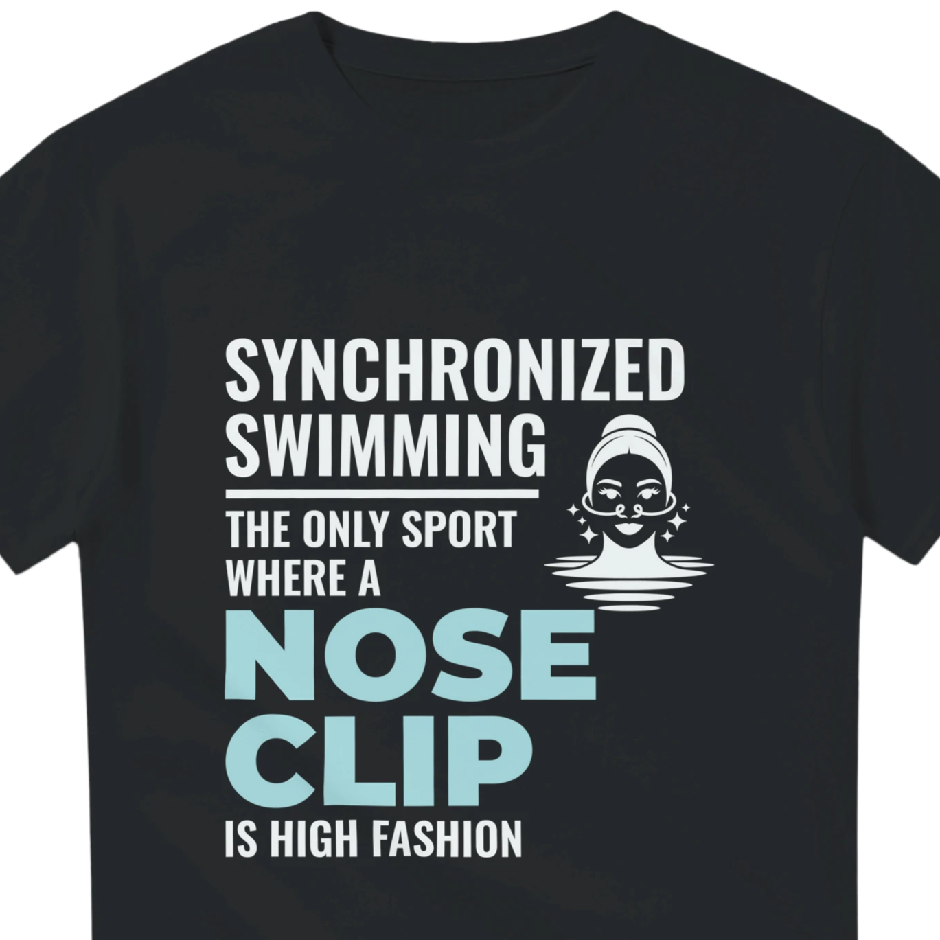 Black t-shirt with humorous synchronized swimming text and graphic on a white background