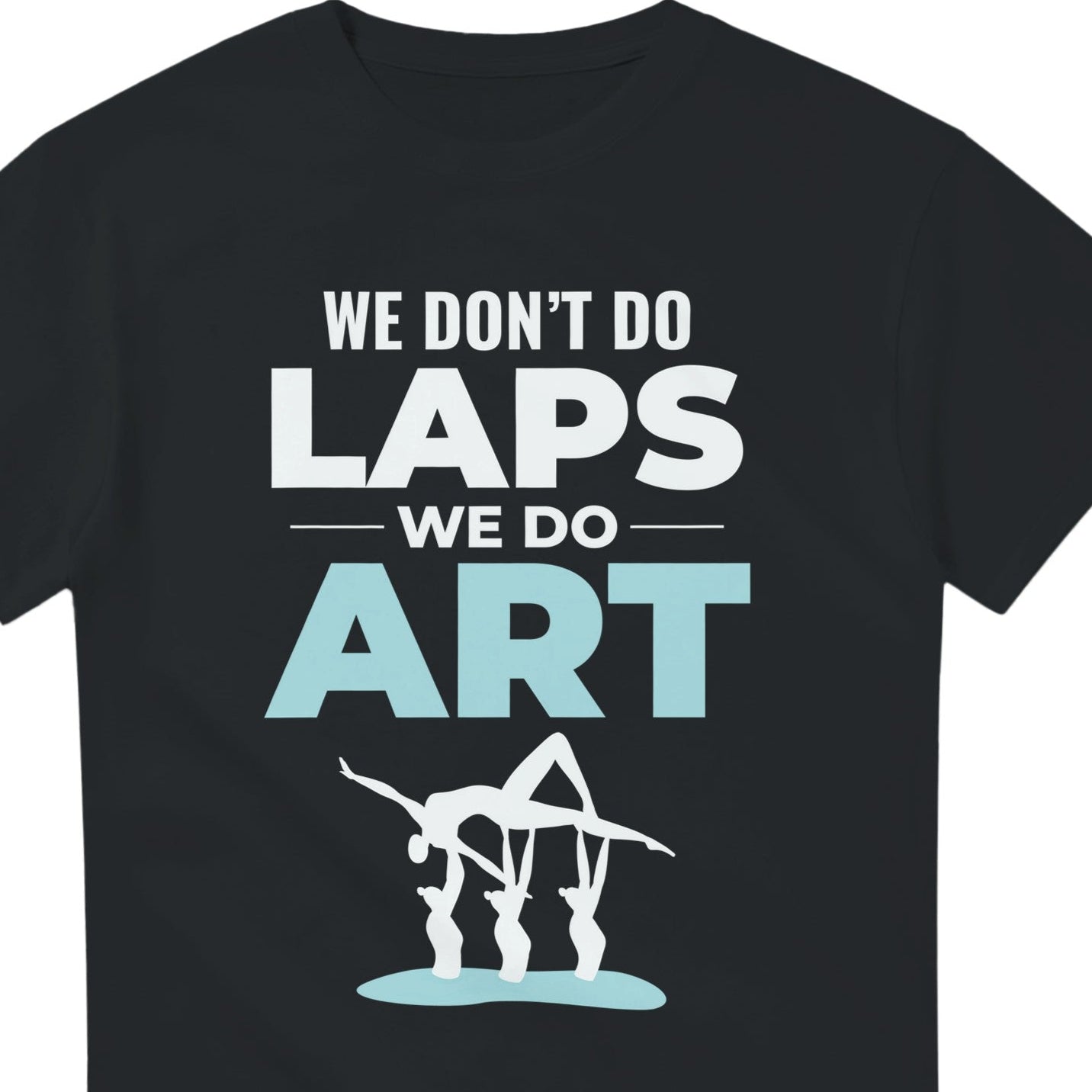 Black t-shirt with white and blue text and graphics on a white background