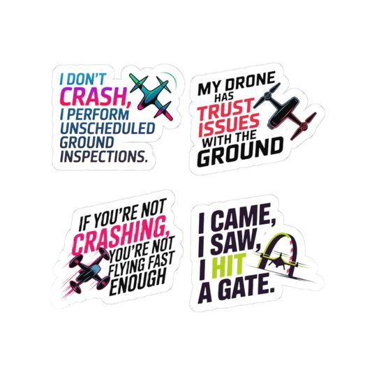 Drone Racing Sticker Pack – 4 PCS Funny Ground Inspection Quote Decals for FPV Pilots and Quadcopter Enthusiasts