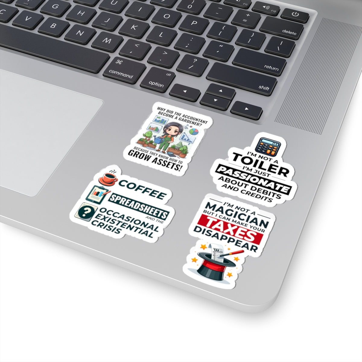 Accountant Sticker Pack – 4 PCS Funny Make Taxes Disappear Grow Assets Decal Set for CPAs Finance Pros