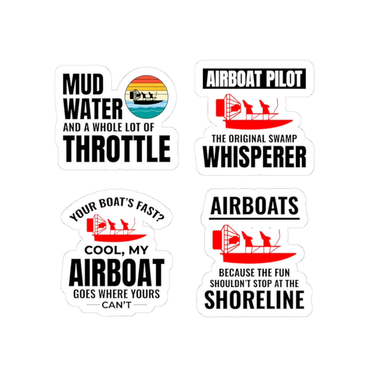 Airboat Sticker Pack – 4 PCS Witty Swamp Pilot Decals for Flat Bottom Boat Riders Bayou Enthusiasts