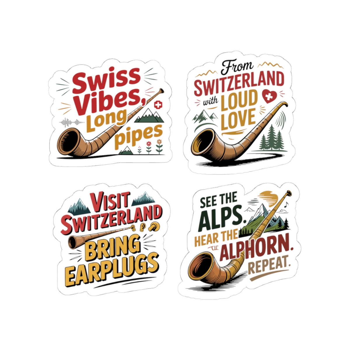 Alphorn Sticker Pack – 4 PCS Funny Swiss Alps Humor Decals for Alphorn Players Switzerland Lovers