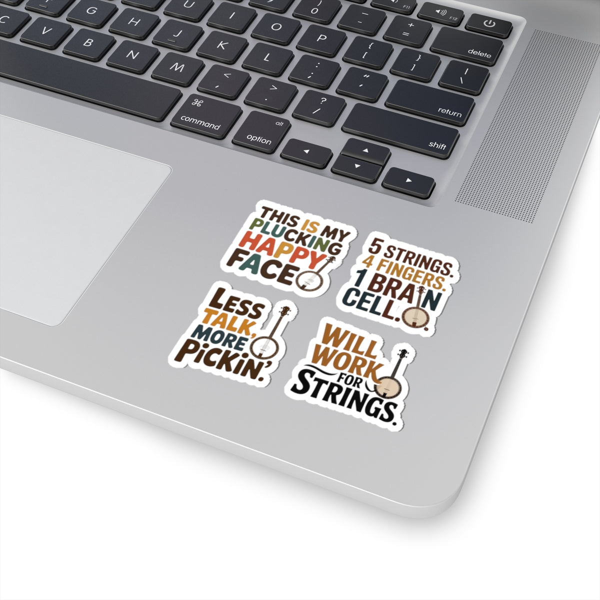 Banjo Sticker Pack – 4 PCS Colorful Picker Humor Decal Set for Bluegrass Musicians Folk String Instrument Lovers