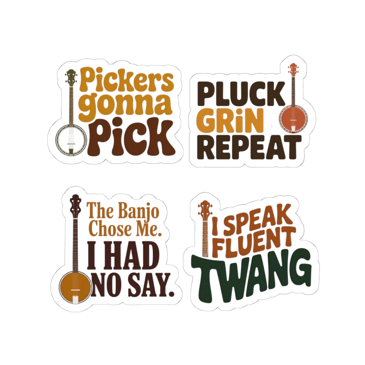 Banjo Sticker Pack – 4 PCS Retro Groovy Picker Humor Decal Set for Bluegrass Musicians Folk String Instrument Fans