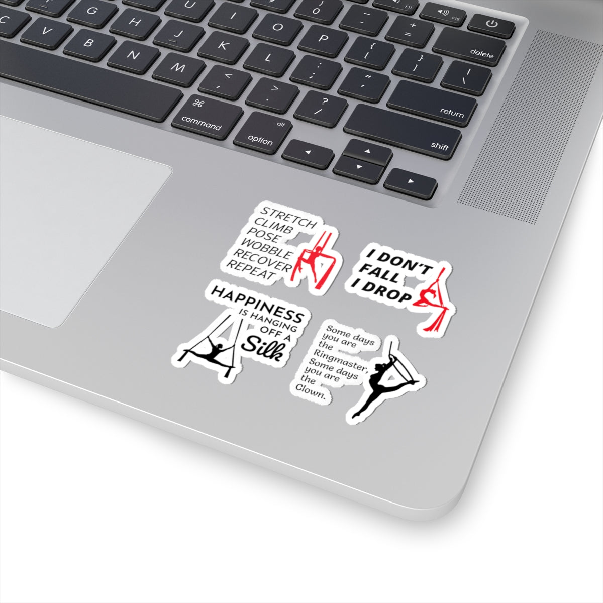 Aerial Silk Sticker Pack – 4 PCS Funny I Drop Happiness Hanging Ringmaster Decal Set for Aerialists Dancers