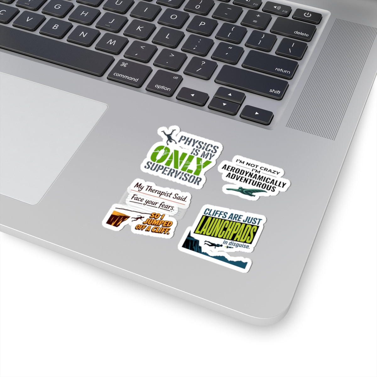 BASE Jumping Sticker Pack – 4 PCS Witty Physics Wingsuit Humor Decal Set for Extreme Sports Fans Skydivers