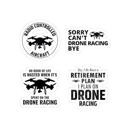Drone Racing Retirement Sticker Pack – 4 PCS Funny RC Aircraft Humor Decals for FPV Pilots Hobbyists