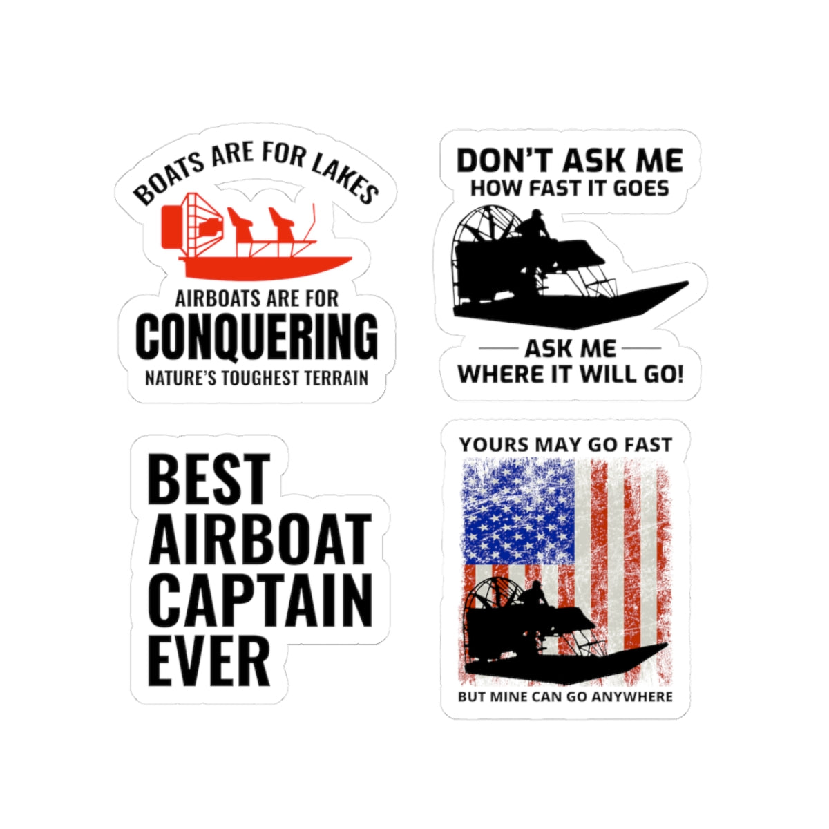 Airboat Captain Sticker Pack – 4 PCS Bold Patriotic Decals for Swamp Boat Pilots Terrain Conquerors