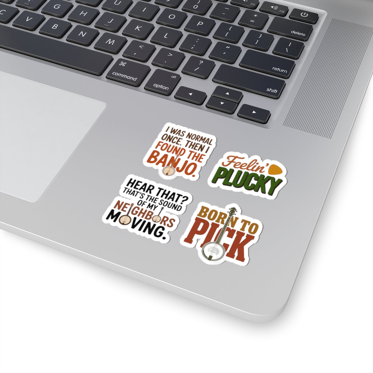 Banjo Sticker Pack – 4 PCS Funny Mixed Style Humor Decal Set for Bluegrass Musicians Folk String Instrument Lovers