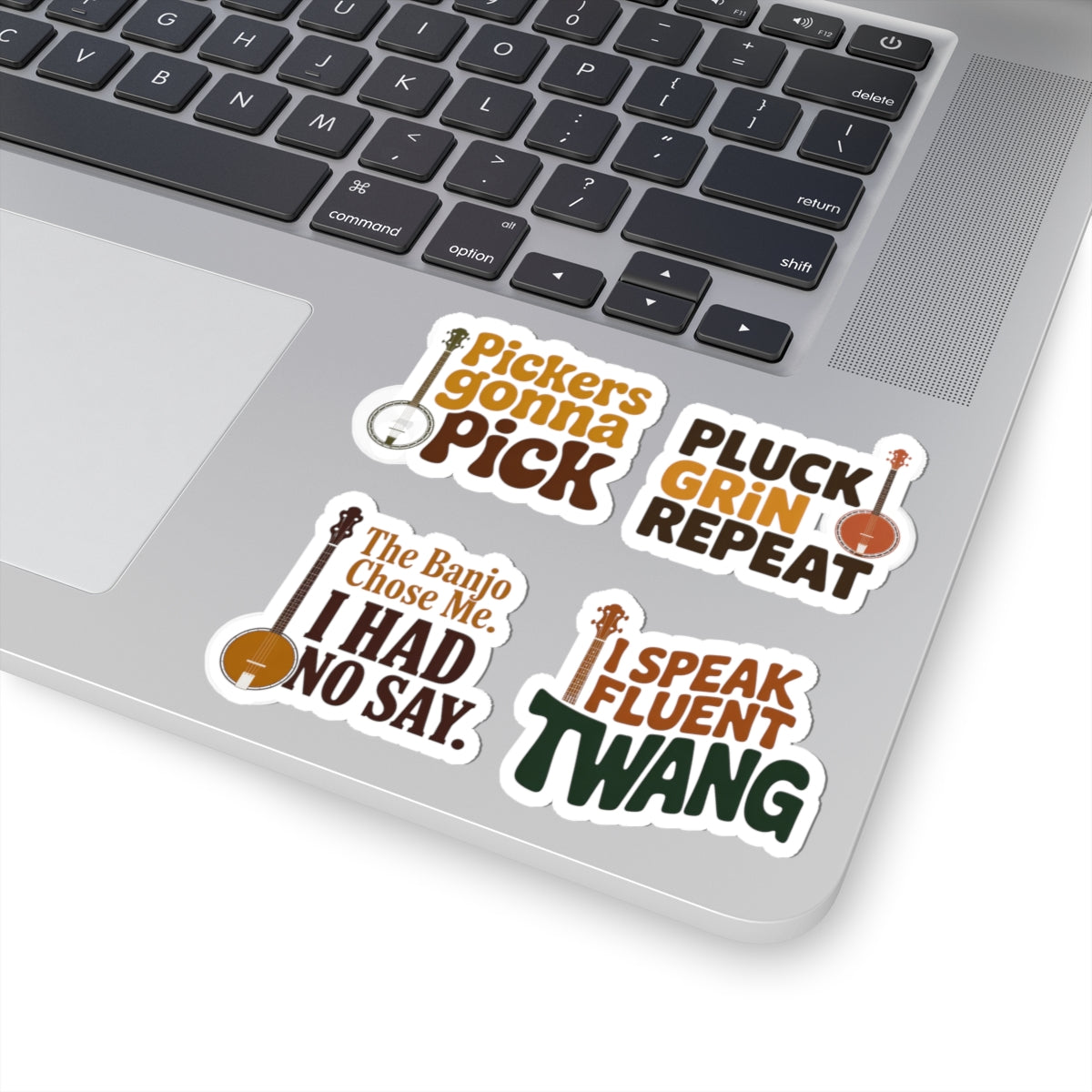 Banjo Sticker Pack – 4 PCS Retro Groovy Picker Humor Decal Set for Bluegrass Musicians Folk String Instrument Fans