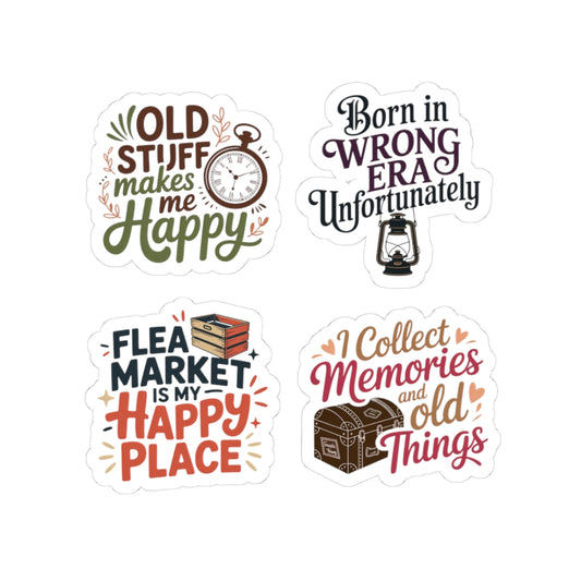 Vintage Collector Sticker Pack – 4 PCS Happy Place Nostalgia Quote Decal for Antique Lovers, Flea Market Enthusiasts