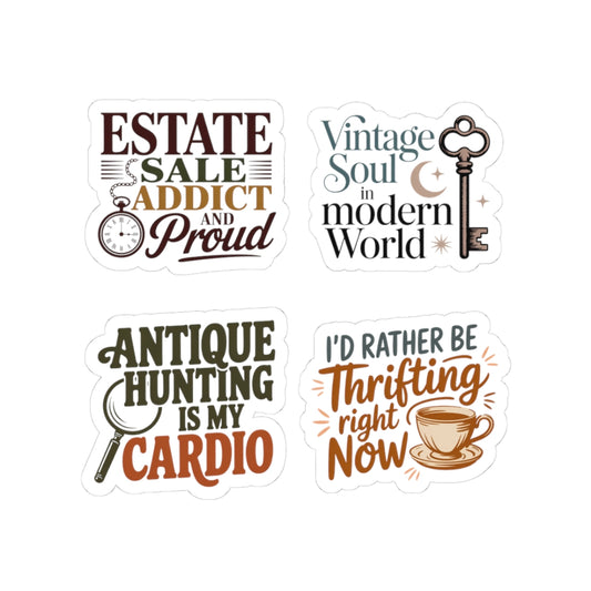 Antique Collector Sticker Pack – 4 PCS Lifestyle Humor Quote Decal for Estate Sale Addicts, Vintage Soul Enthusiasts