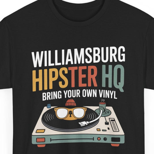 Black t-shirt with 'Williamsburg Hipster HQ' graphic and turntable design on a white background