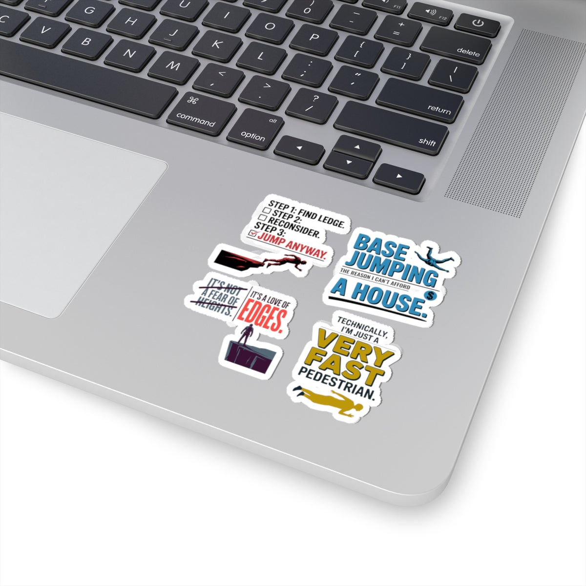 BASE Jumping Sticker Pack – 4 PCS Witty Humor Cliff Jump Decal Set for Extreme Sports Fans Thrill Seekers