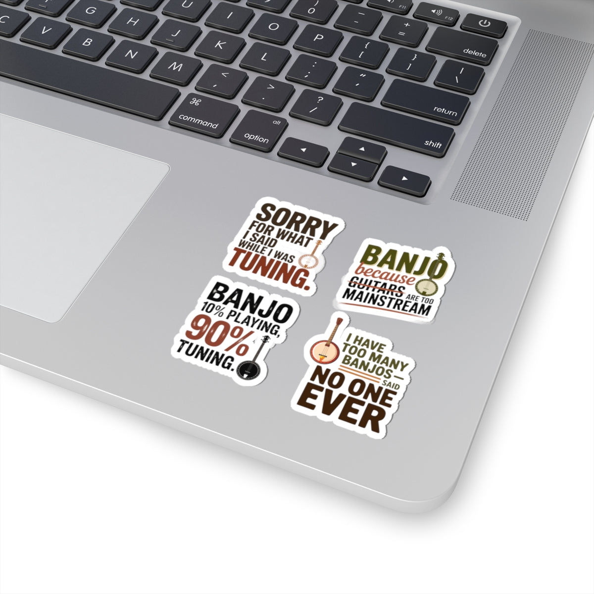 Banjo Sticker Pack – 4 PCS Sarcastic Tuning Humor Decal Set for Bluegrass Musicians Folk String Instrument Fans