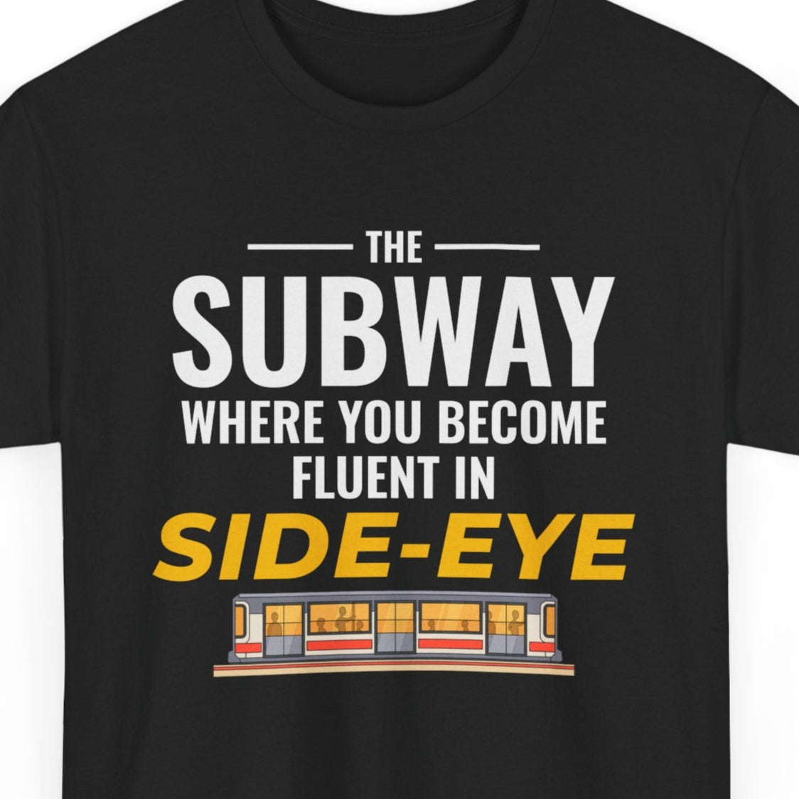 Black t-shirt with humorous subway-themed text design on a white background