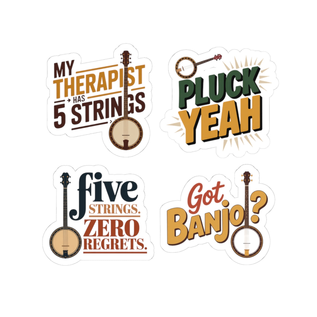 Banjo Sticker Pack – 4 PCS Funny Variety Humor Decal Set for Bluegrass Musicians Five-String Instrument Lovers