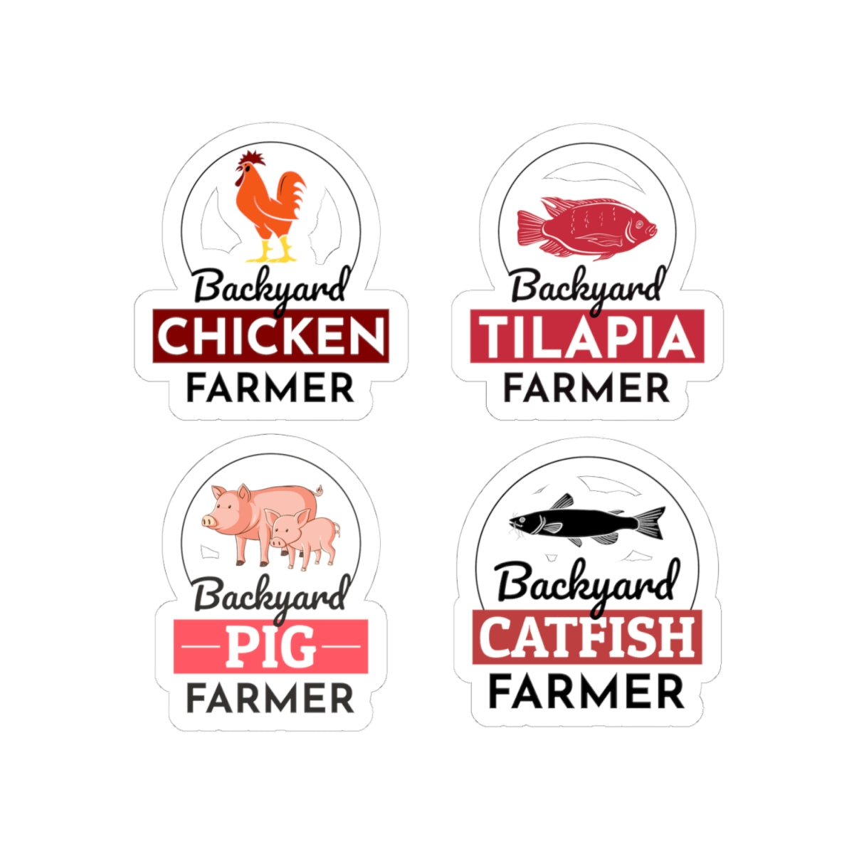Backyard Farmer Sticker Pack – 4 PCS Bold Chicken Pig Tilapia Catfish Decal Set for Farmers Homesteaders