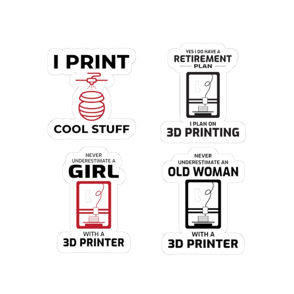 3D Printer Sticker Pack – 4 PCS Funny FDM Maker Decal Set for Women Makers Engineers and Printing Fans