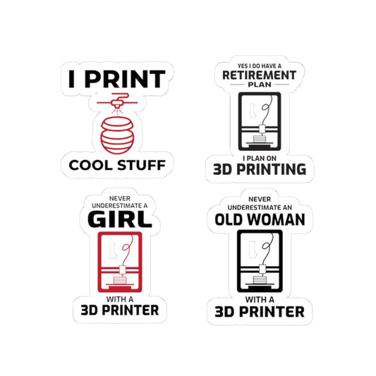 3D Printer Sticker Pack – 4 PCS Funny FDM Maker Decal Set for Women Makers Engineers and Printing Fans