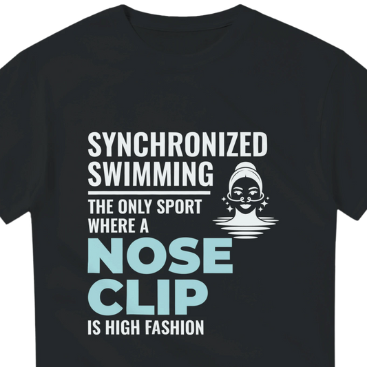 Black t-shirt with humorous synchronized swimming text and graphic on a white background