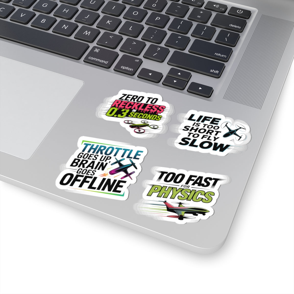 Drone Racing Sticker Pack – 4 PCS Funny Speed Demon Quote Decals for FPV Pilots and Quadcopter Enthusiasts