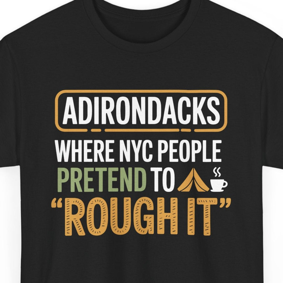 Black t-shirt with text about the Adirondacks on a white background