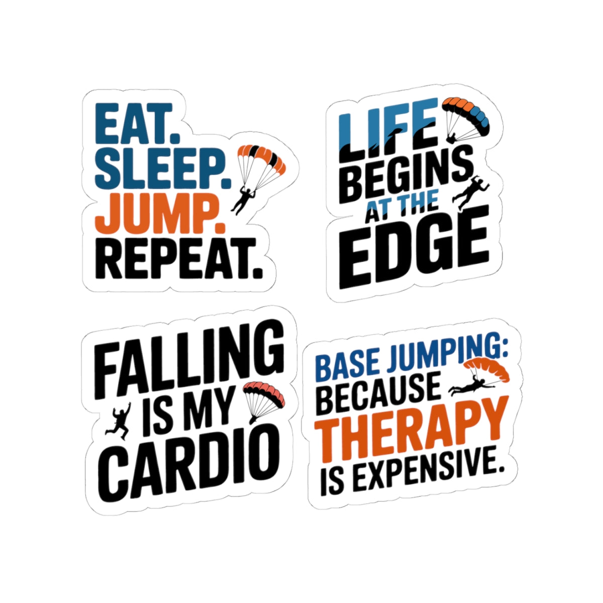 BASE Jumping Sticker Pack – 4 PCS Funny Parachute Lifestyle Decal Set for Skydivers Extreme Sports Fans