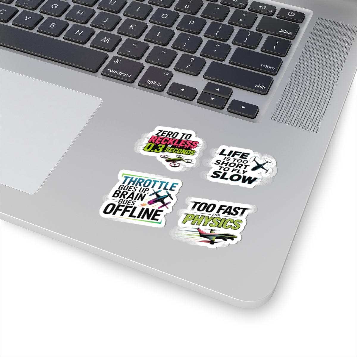 Drone Racing Sticker Pack – 4 PCS Funny Speed Demon Quote Decals for FPV Pilots and Quadcopter Enthusiasts