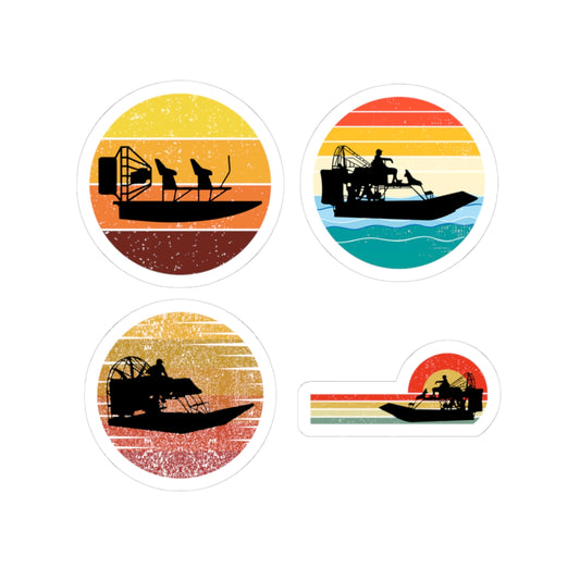 Retro Airboat Sticker Pack – 4 PCS Vintage Sunset Circle Decals for Flat Bottom Boat Fans Swamp Lovers