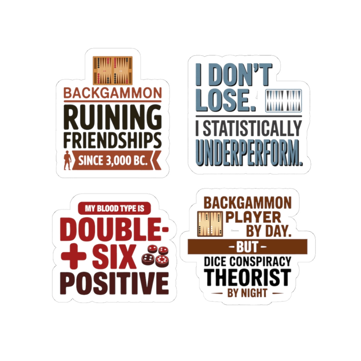 Backgammon Sticker Pack – 4 PCS Witty Player Identity Quote Decals for Board Game Fans & Strategy Lovers