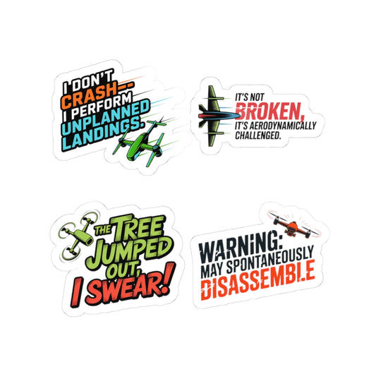 Drone Racing Sticker Pack – 4 PCS Funny Crash Humor Decals for FPV Pilots, Quadcopter Enthusiasts and Hobbyists