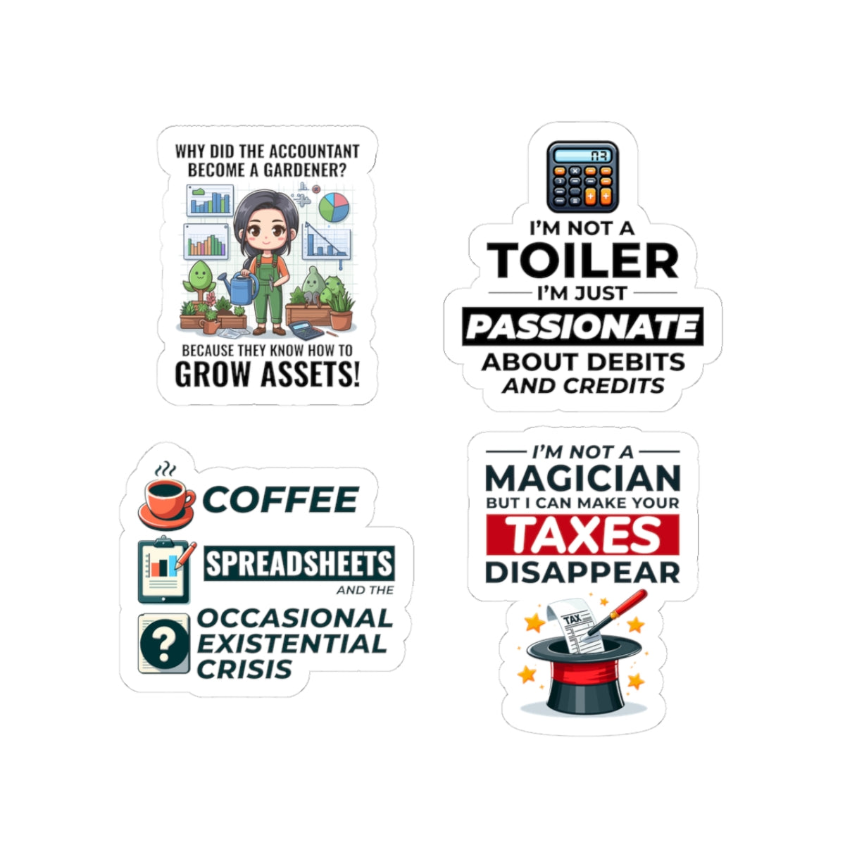 Accountant Sticker Pack – 4 PCS Funny Make Taxes Disappear Grow Assets Decal Set for CPAs Finance Pros