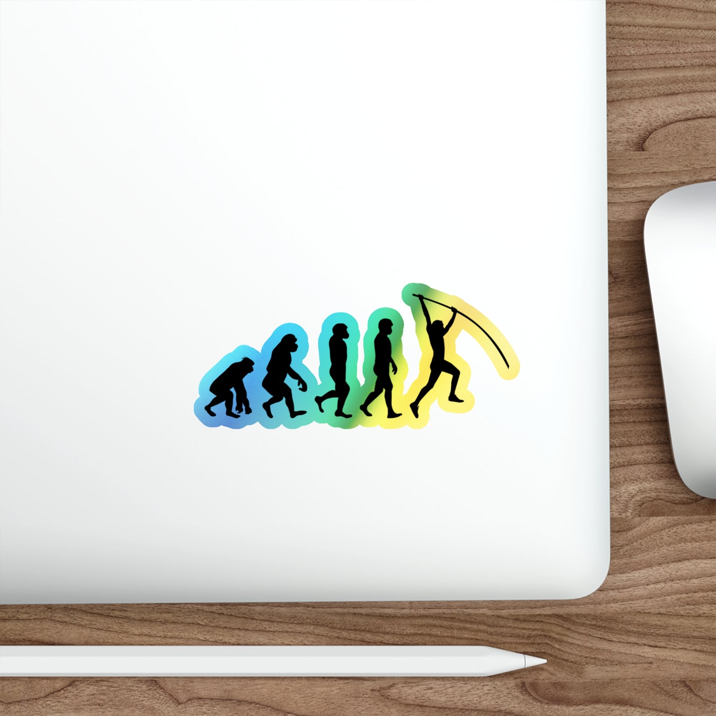 Stabhochsprung-Aufkleber, holografisch – Die Entwicklung des Stabhochsprungs, urkomischer Leichtathletik-Aufkleber