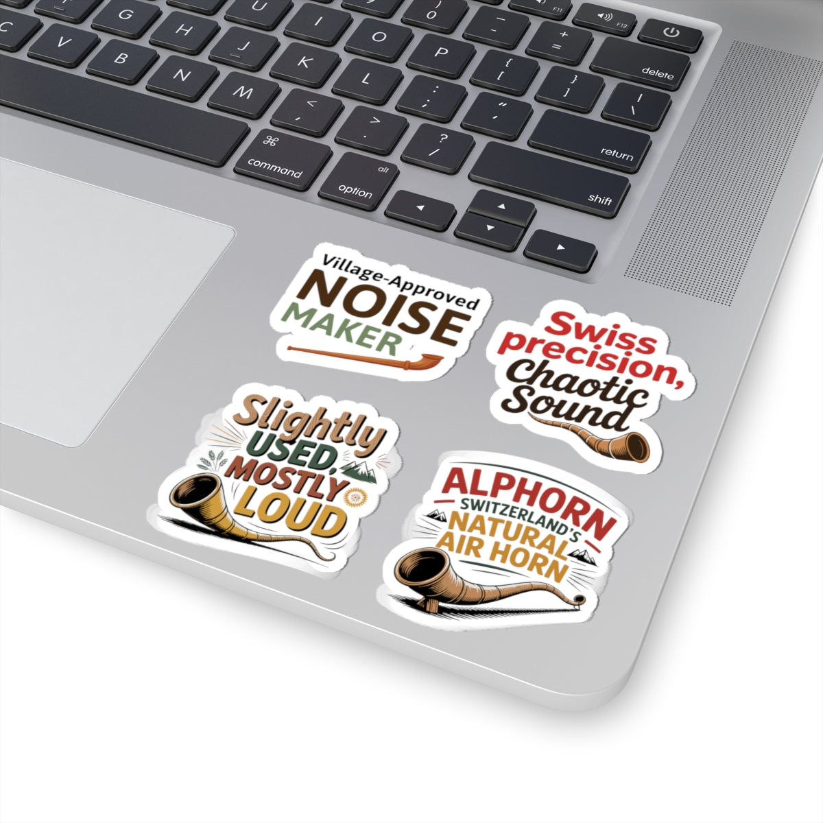 Alphorn Sticker Pack – 4 PCS Funny Swiss Music Humor Decals for Alphorn Players Mountain Music Lovers
