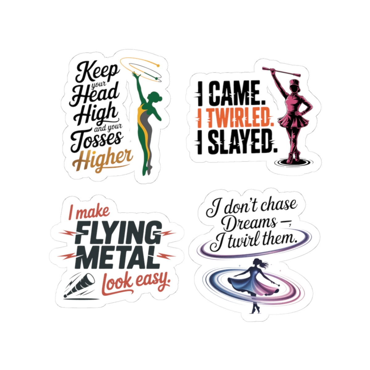 Baton Twirling Sticker Pack – 4 PCS Motivational Mixed Style Decal Set for Competitive Twirlers & Majorette Athletes