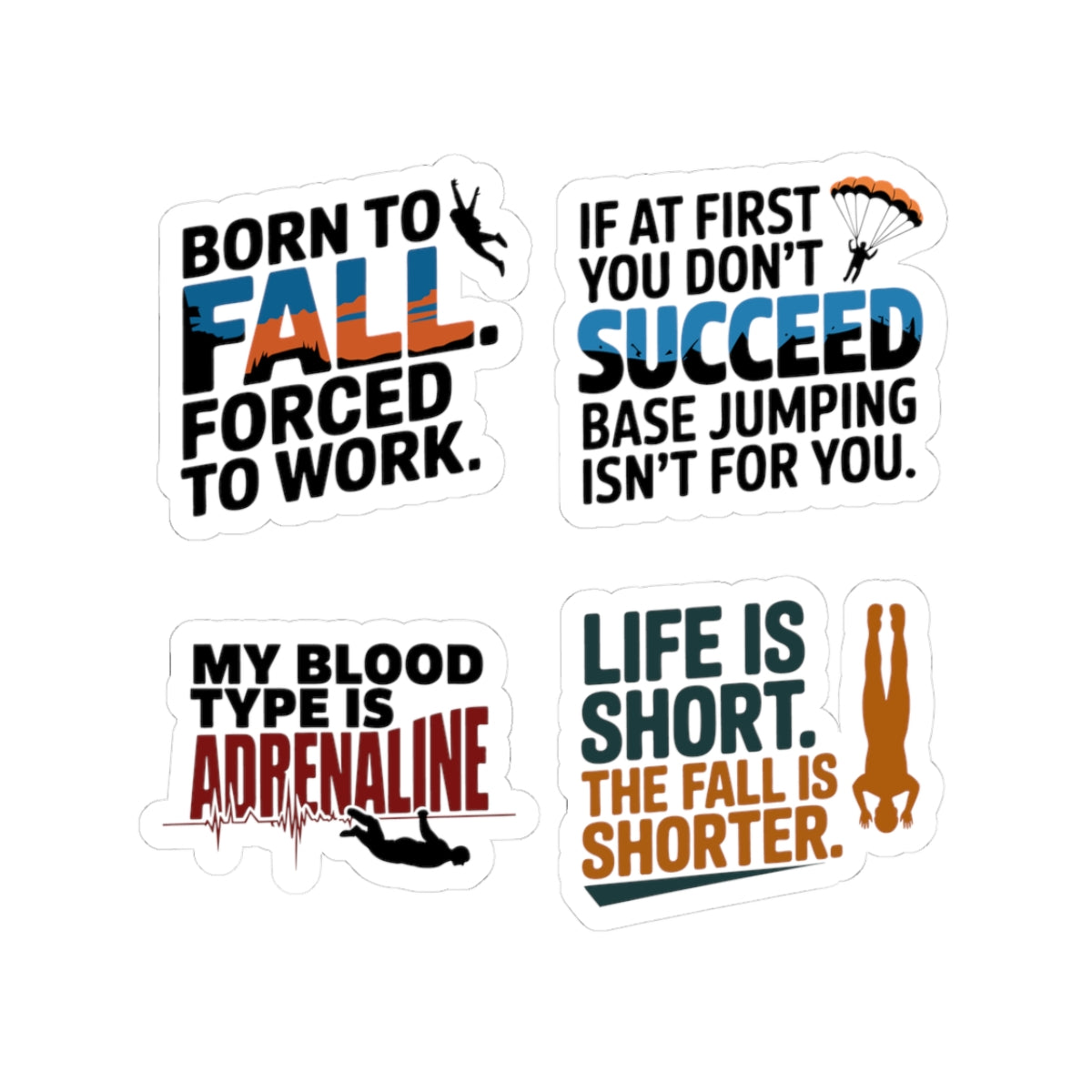 BASE Jumping Sticker Pack – 4 PCS Bold Dark Humor Freefall Decal Set for Extreme Sports Fans Skydivers