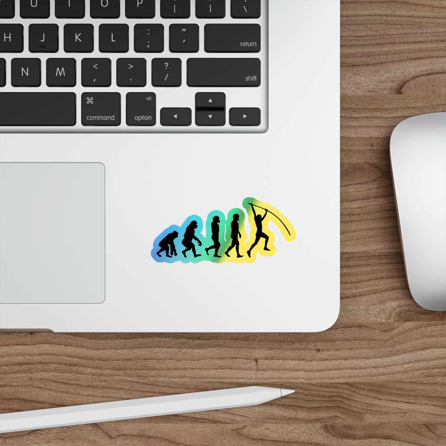 Stabhochsprung-Aufkleber, holografisch – Die Entwicklung des Stabhochsprungs, urkomischer Leichtathletik-Aufkleber