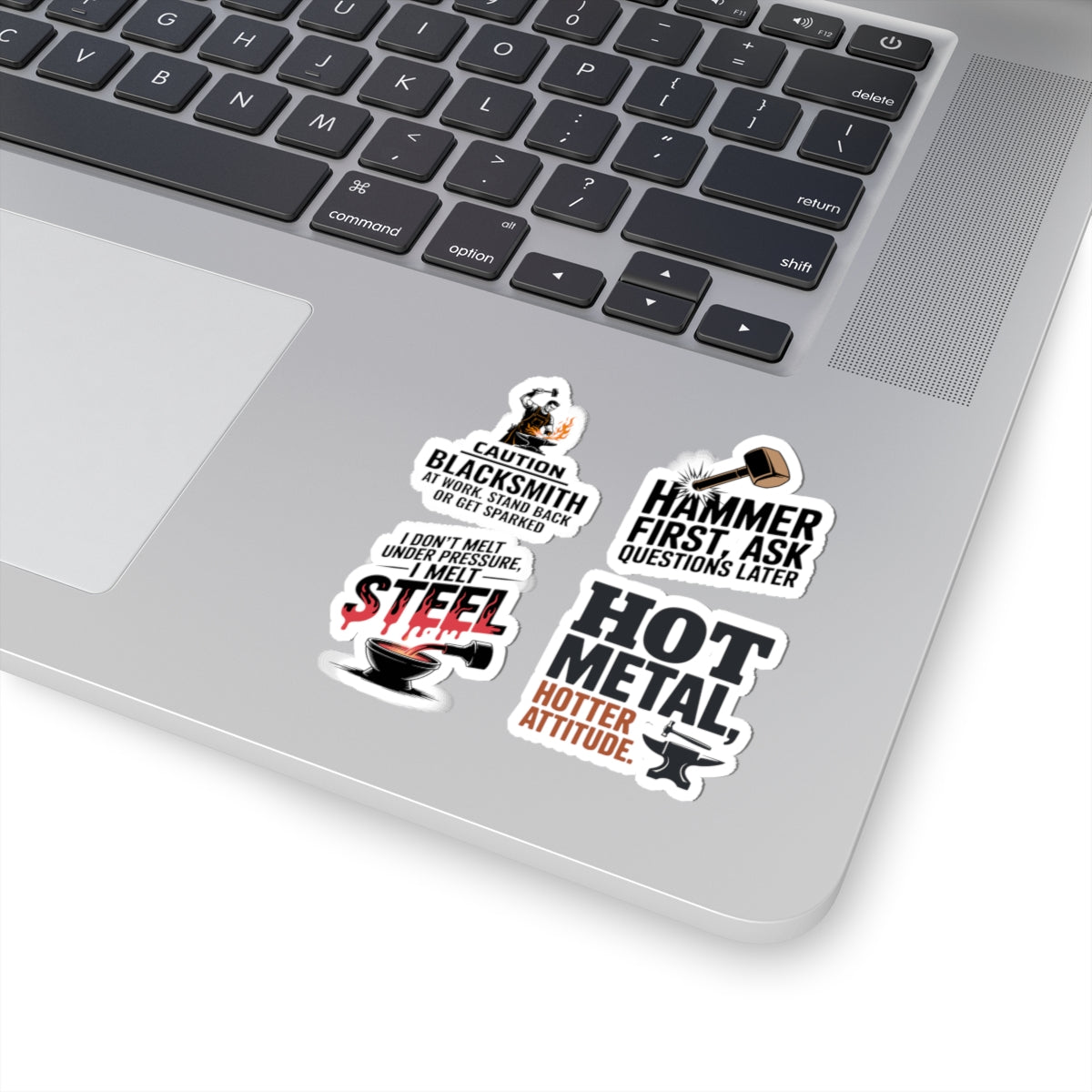 Blacksmith Forge Sticker Pack – 4 PCS Tough Anvil Hammer Humor Decals for Ironworkers Bladesmiths and Metal Crafters