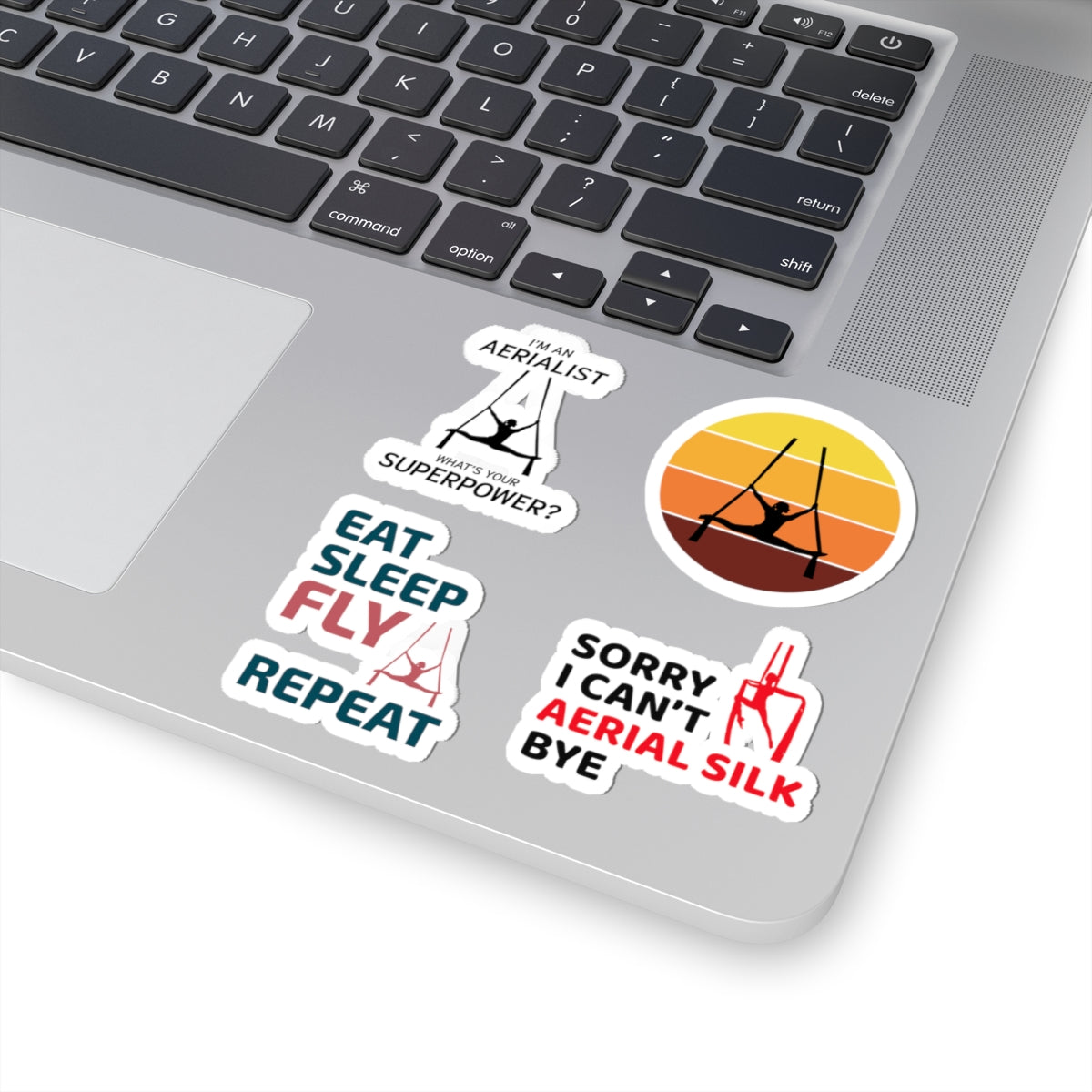 Aerial Silk Sticker Pack – 4 PCS Funny Aerialist Superpower Eat Sleep Fly Decal Set for Dancers Performers