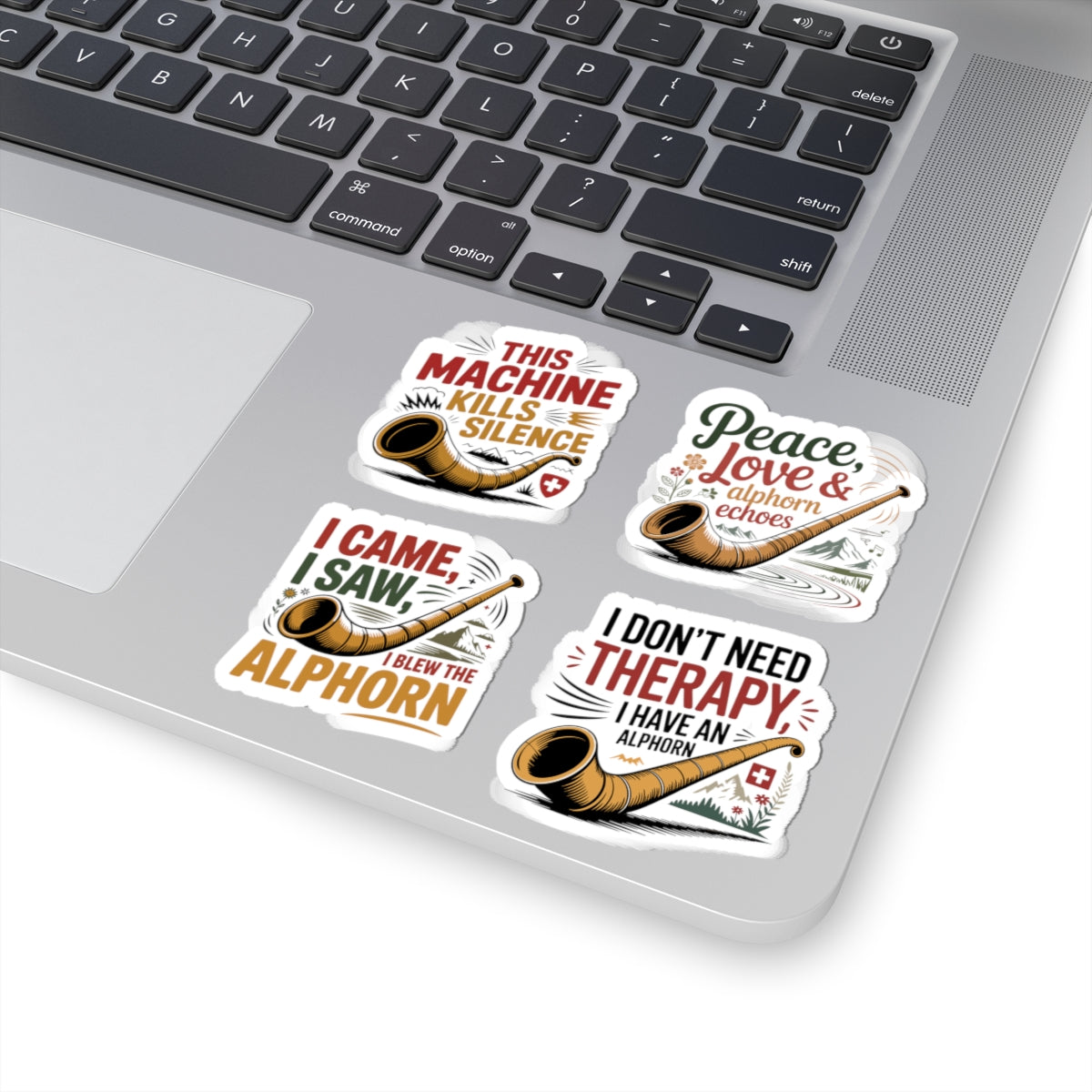 Alphorn Sticker Pack – 4 PCS Hilarious Therapy Humor Decals for Alphorn Players Swiss Music Lovers