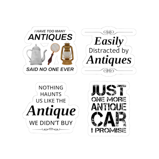 Antique Collector Sticker Pack – 4 PCS Funny Addiction Humor Quote Decal for Vintage Hoarders, Estate Sale Addicts