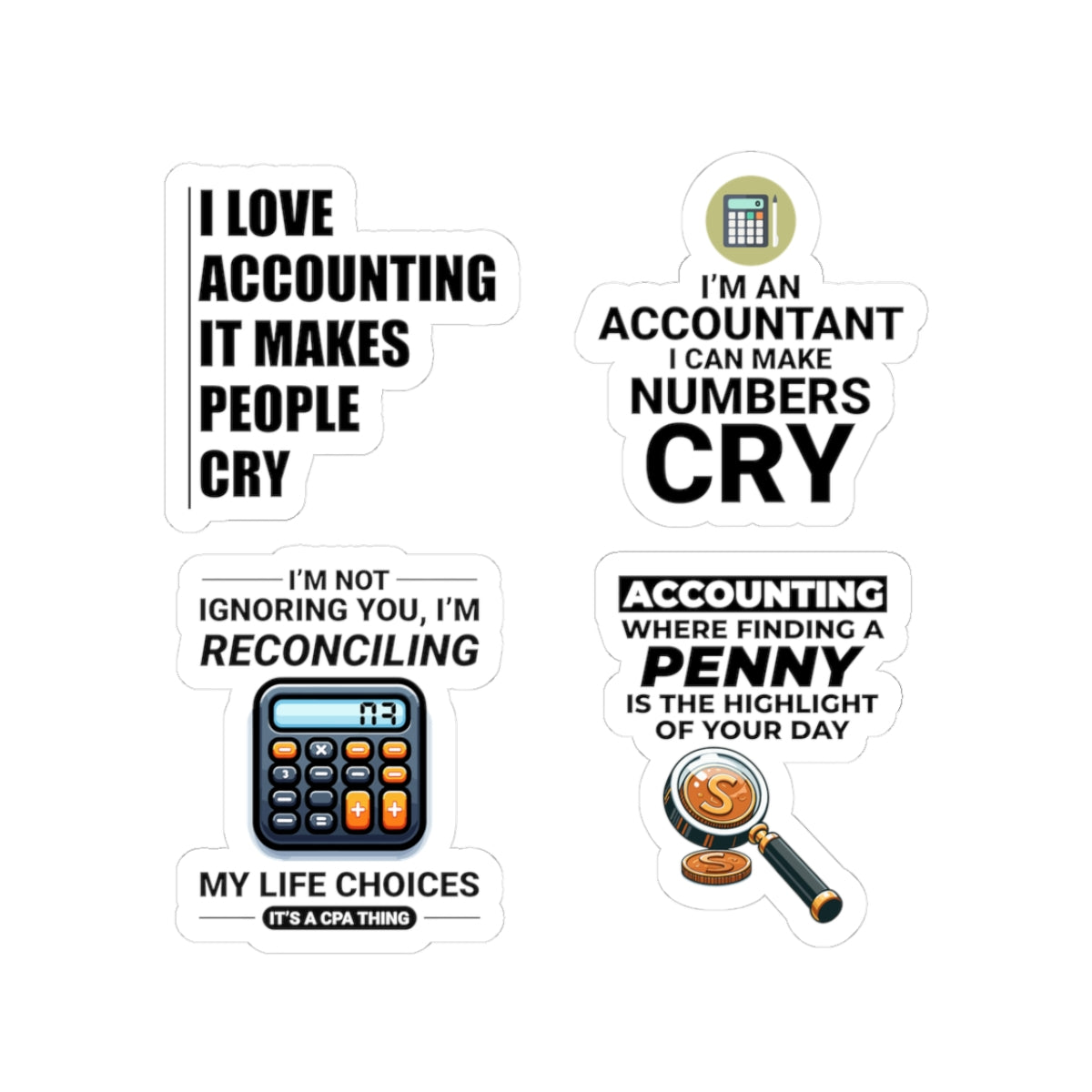 Accountant Sticker Pack – 4 PCS Funny Numbers Cry Reconciling Decal Set for CPAs Bookkeepers Finance Pros