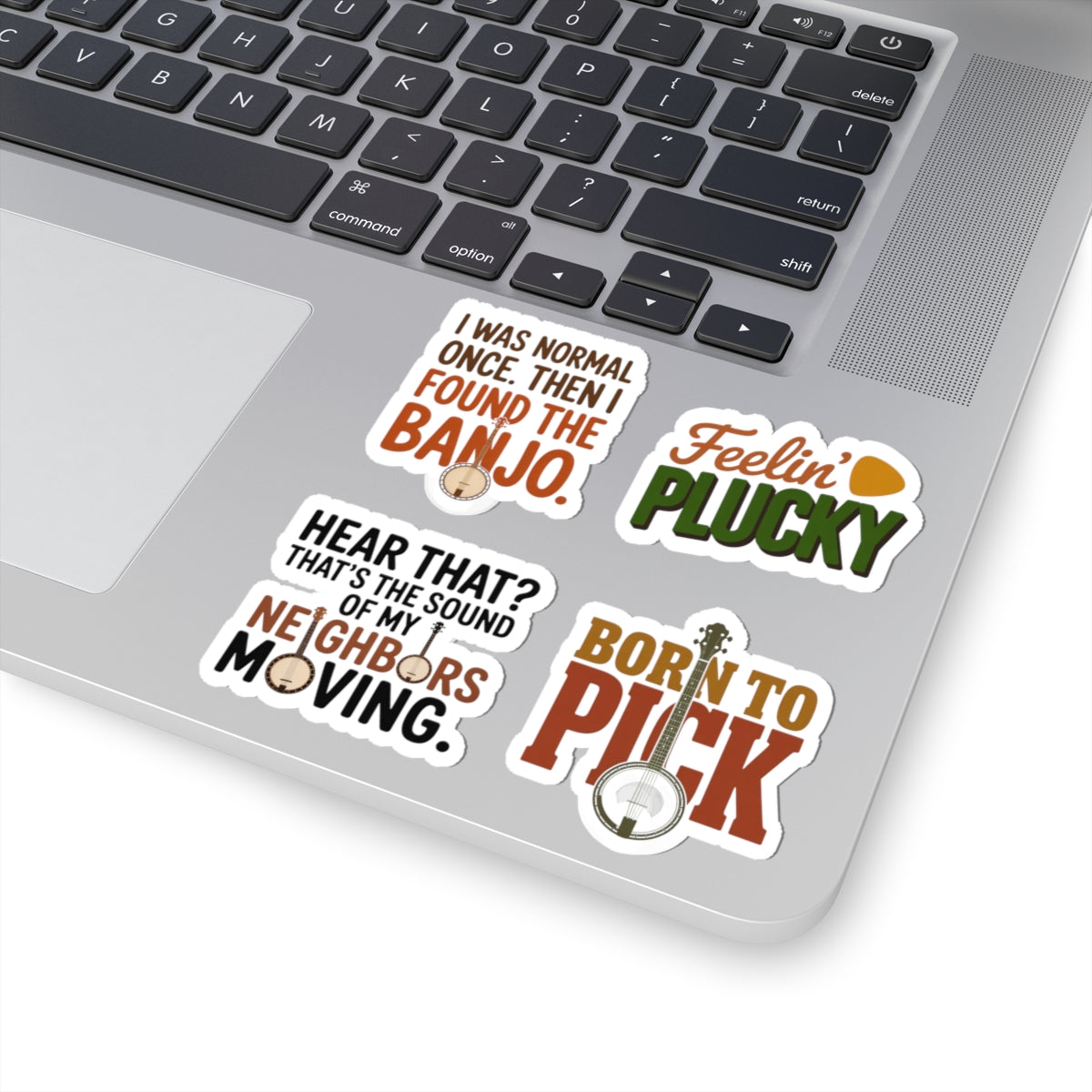 Banjo Sticker Pack – 4 PCS Funny Mixed Style Humor Decal Set for Bluegrass Musicians Folk String Instrument Lovers