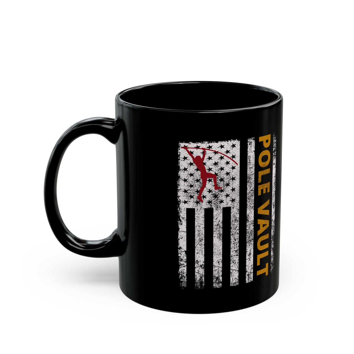 Pole Vault Mug Black Vintage American Flag – Track and Field Vaulting Cup for Athletes and Sports Enthusiasts