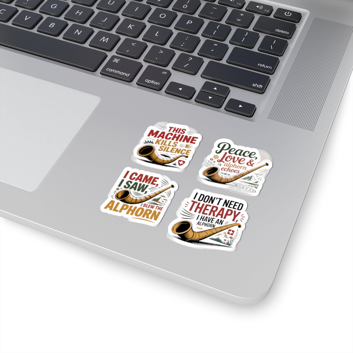 Alphorn Sticker Pack – 4 PCS Hilarious Therapy Humor Decals for Alphorn Players Swiss Music Lovers