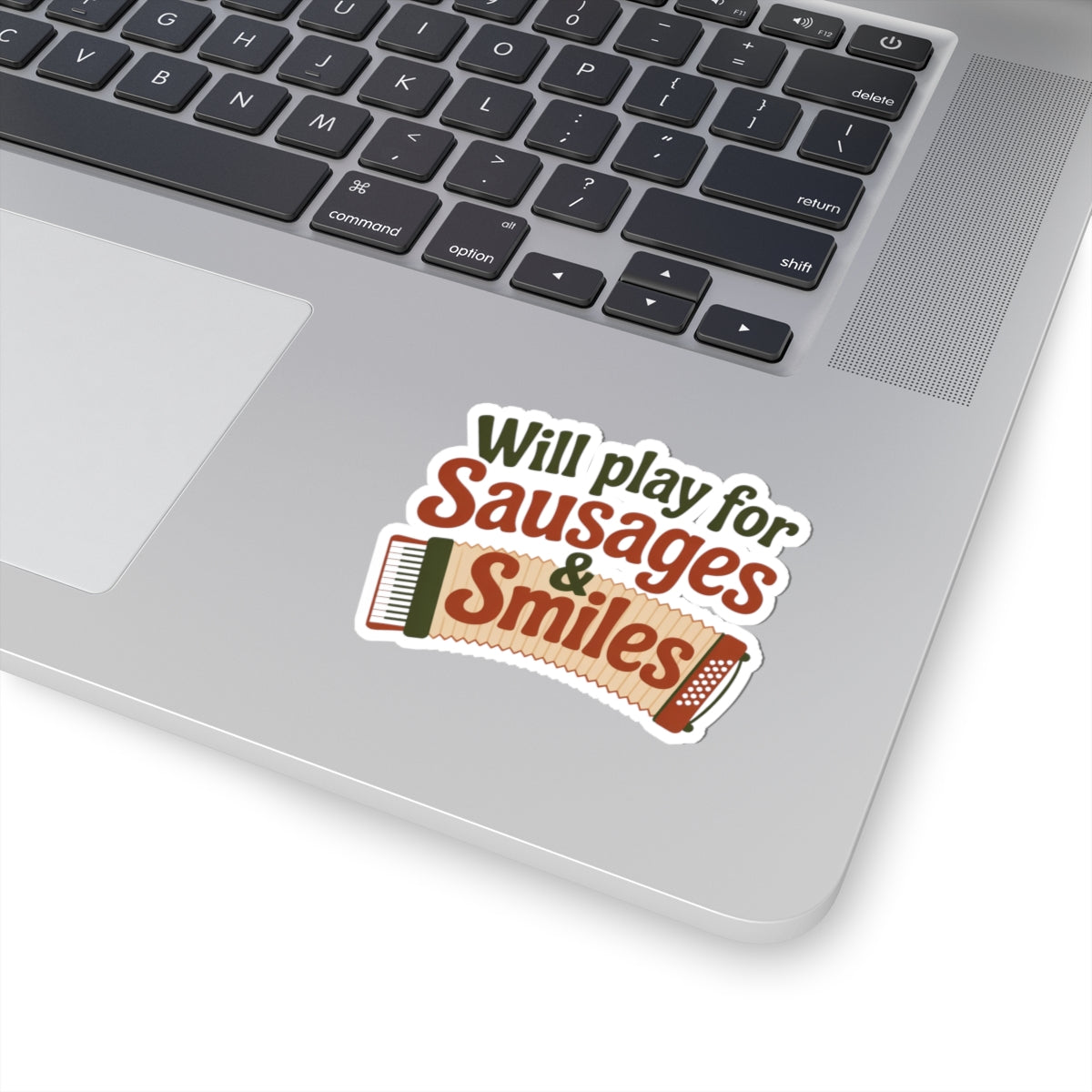 Accordion Sticker – Sausages & Smiles Quote for Street Performers, Band Members