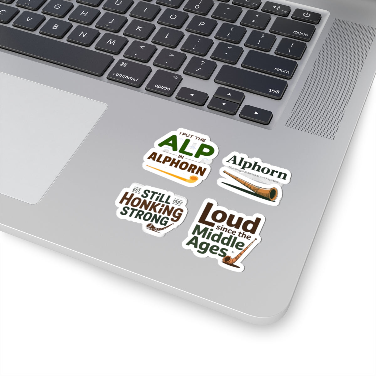 Swiss Alphorn Sticker Pack – 4 PCS Funny Alpine Horn Humor Decals for Swiss Musician Folk Music Alpine Enthusiast Folder