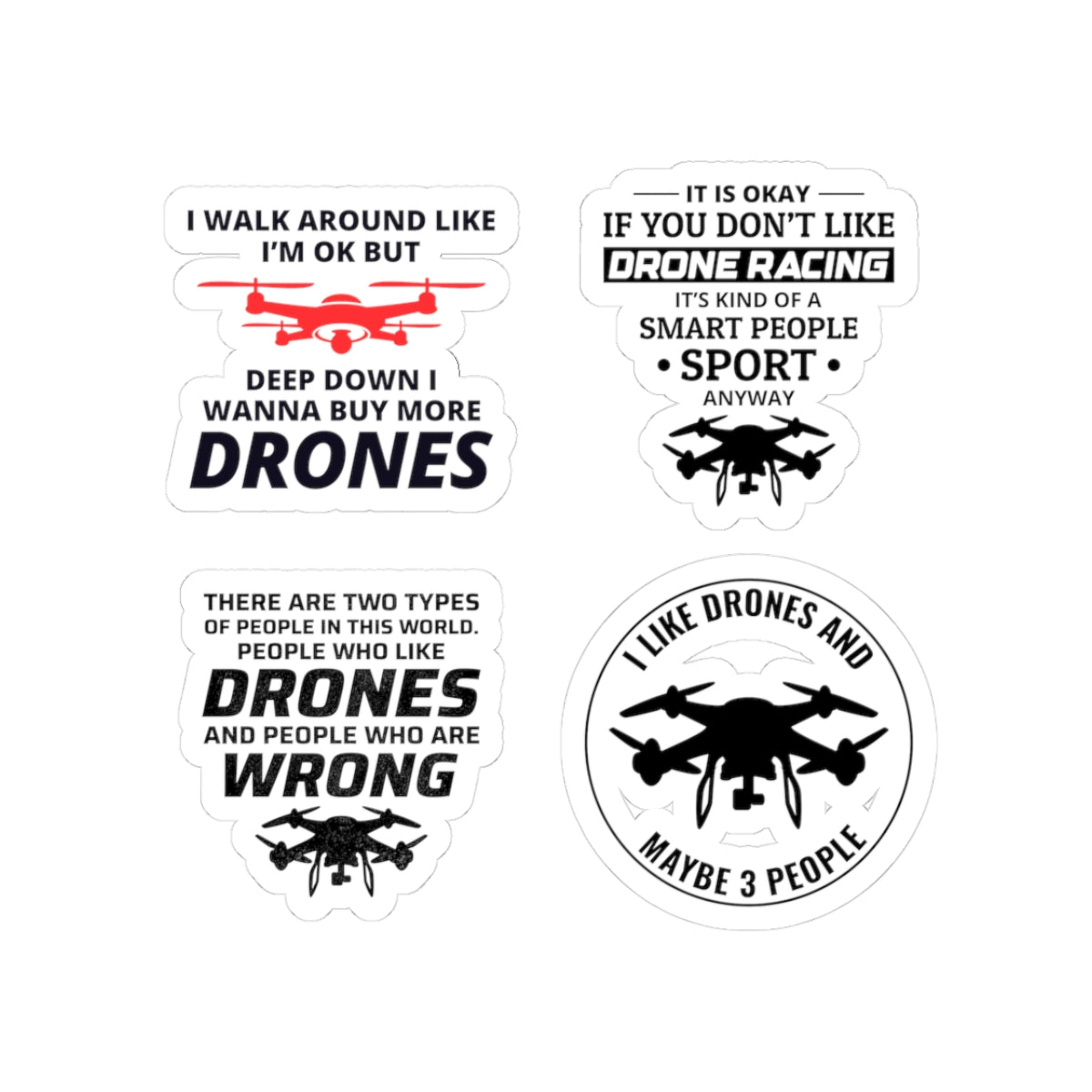 Funny Drone Sticker Pack – 4 PCS Sarcastic FPV Humor Decals for Drone Pilots Hobbyists Enthusiasts
