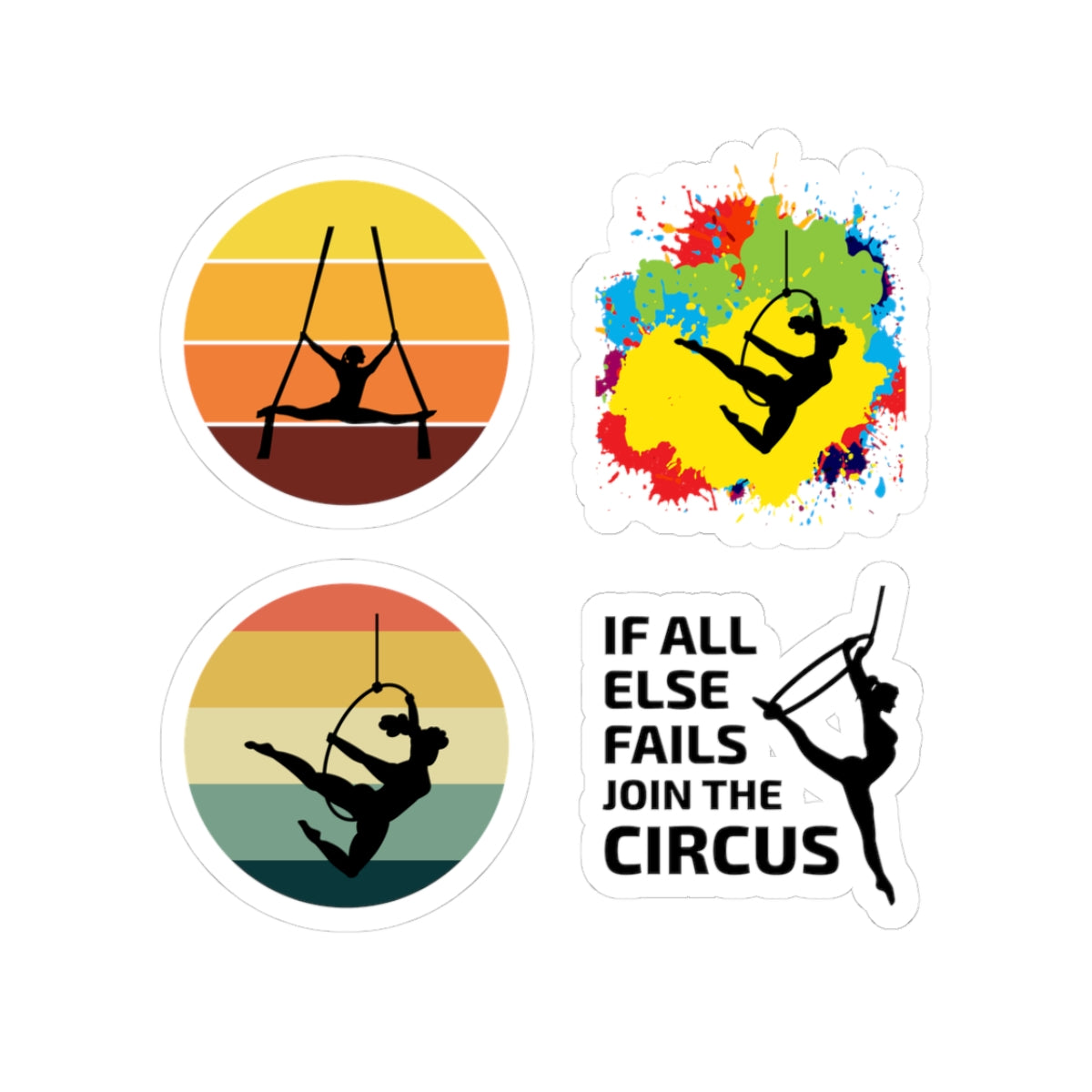 Aerial Silk Sticker Pack – 4 PCS Colorful Retro Sunset Join The Circus Decal Set for Aerialists Dancers